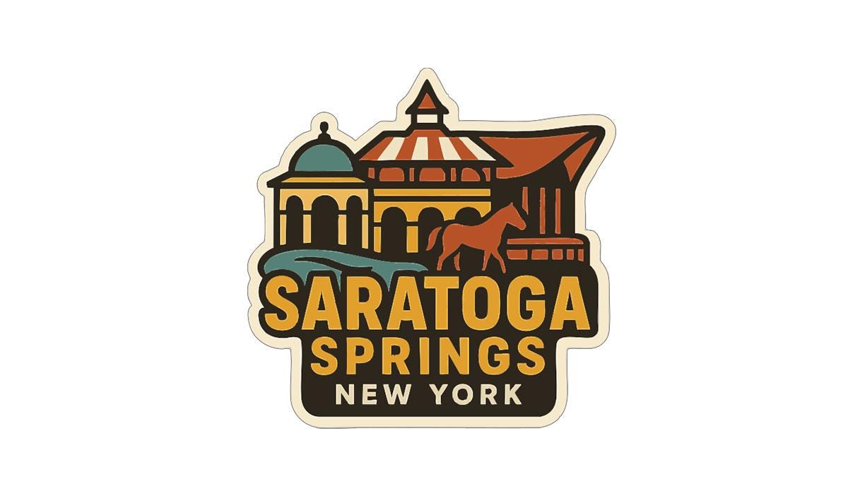 A stylized sticker or logo featuring a horse, buildings, and text that says "Saratoga Springs, New York".