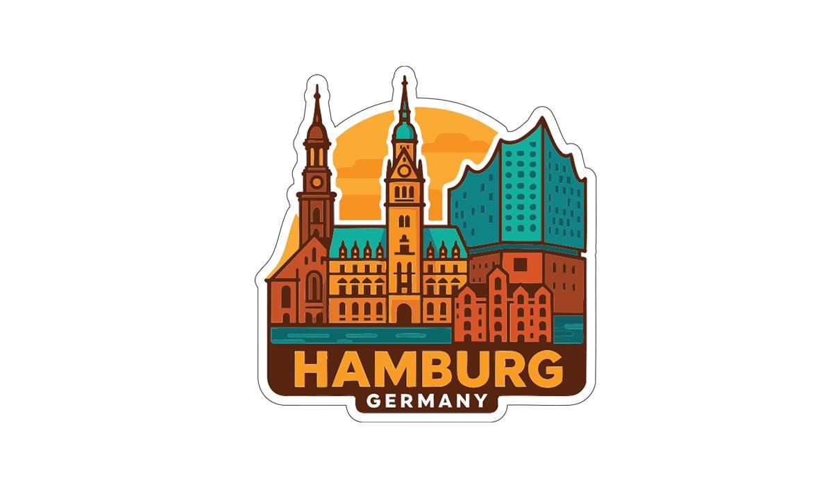 A sticker or illustration depicting the skyline of Hamburg, Germany, with various buildings and landmarks, including a church and a tall tower.