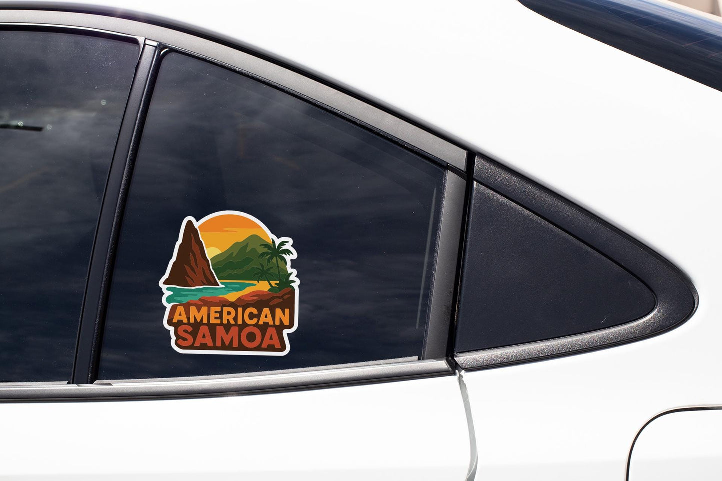 A sticker on the side of a car window that says "AMERICAN SAMOA".
