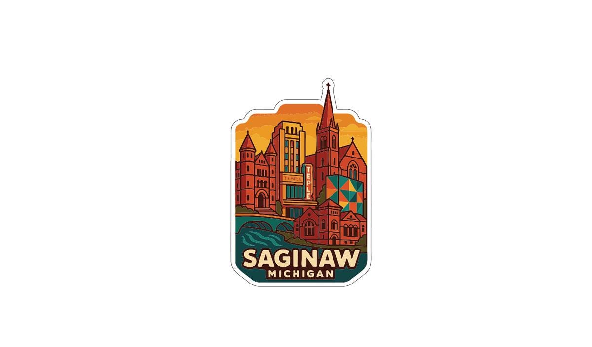 A sticker or emblem featuring a stylized illustration of a city skyline with buildings, a church spire, and a river. The text "Saginaw, Michigan" is prominently displayed, indicating the location or theme of the image.