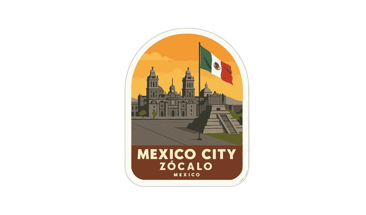 a sticker or label with an illustration of a city skyline, including a temple, and the text "MEXICO CITY ZÓCALO MEXICO" indicating the location.