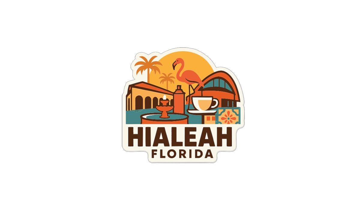 A sticker or logo featuring various elements associated with Hialeah, Florida, including a flamingo, palm trees, a building, and a cup.