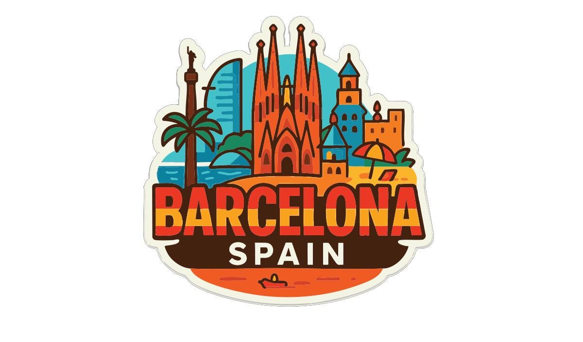 A colorful sticker or emblem featuring the iconic landmarks and architecture of Barcelona, Spain.