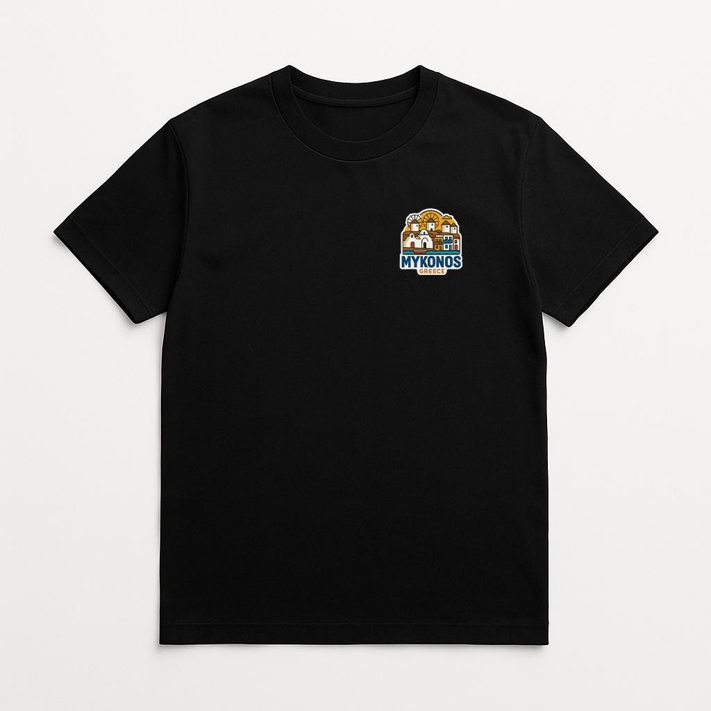 A black t-shirt with a graphic design on the left side.