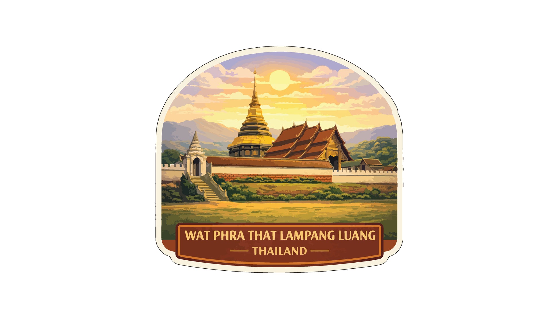 A sticker or label depicting a temple in Thailand with a sunset in the background.