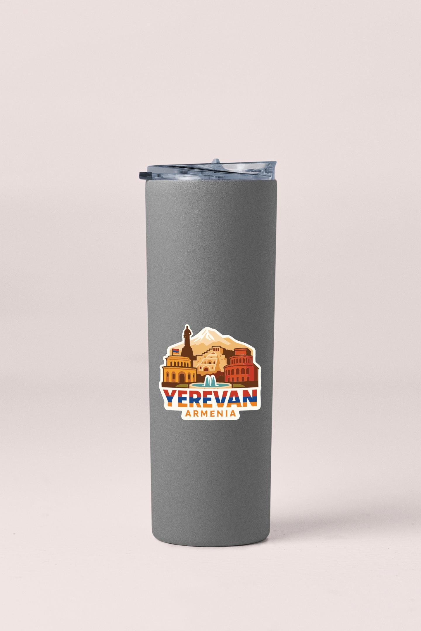A gray insulated tumbler with a label that says "Yerevan Armenia".