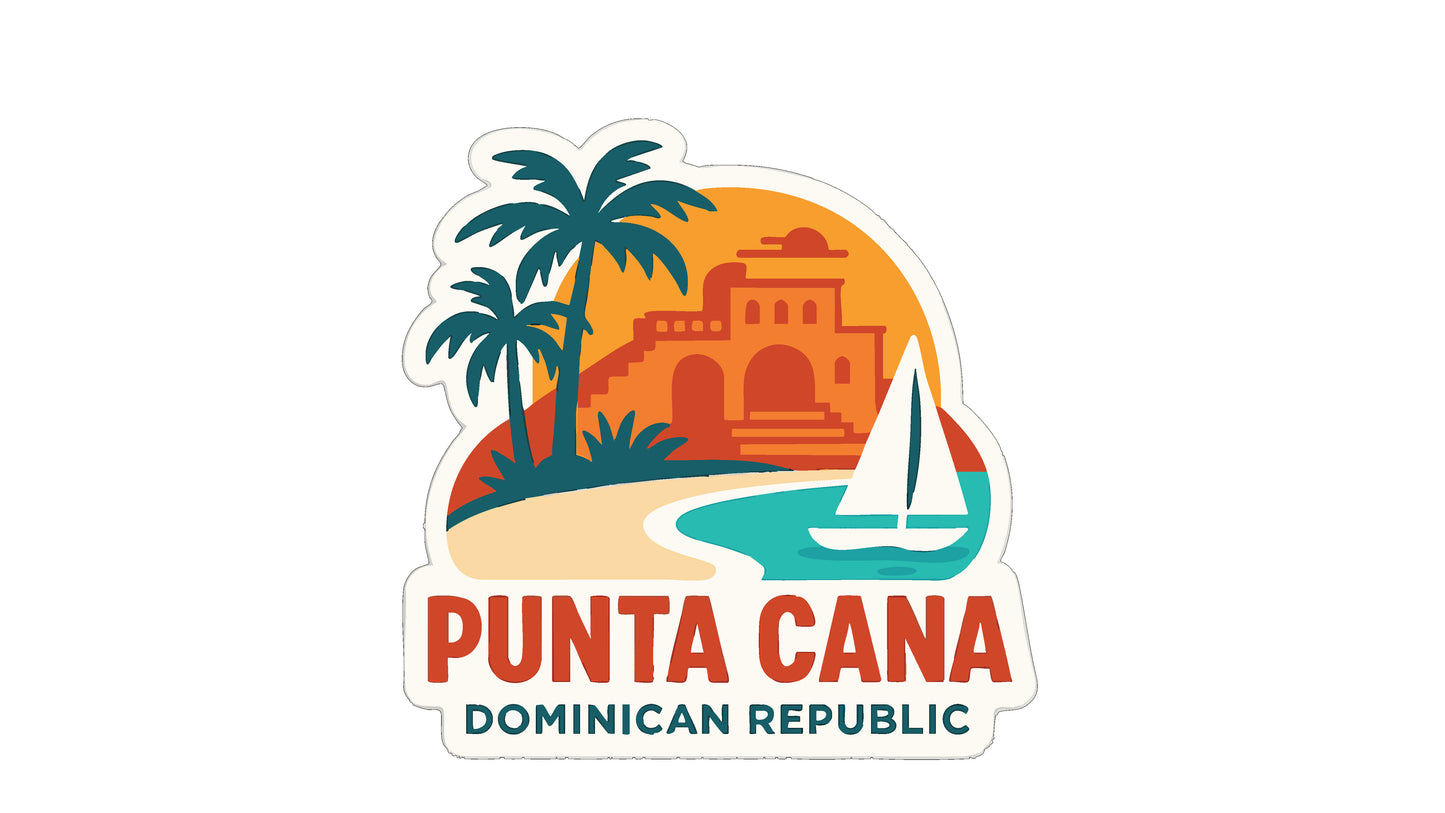 a sticker or logo for the Dominican Republic, depicting a tropical beach scene with palm trees, a sailboat, and a building in the background.