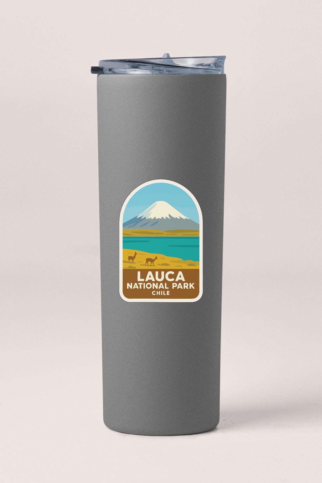 A gray insulated tumbler with a label that says "LAUCA NATIONAL PARK CHILE".