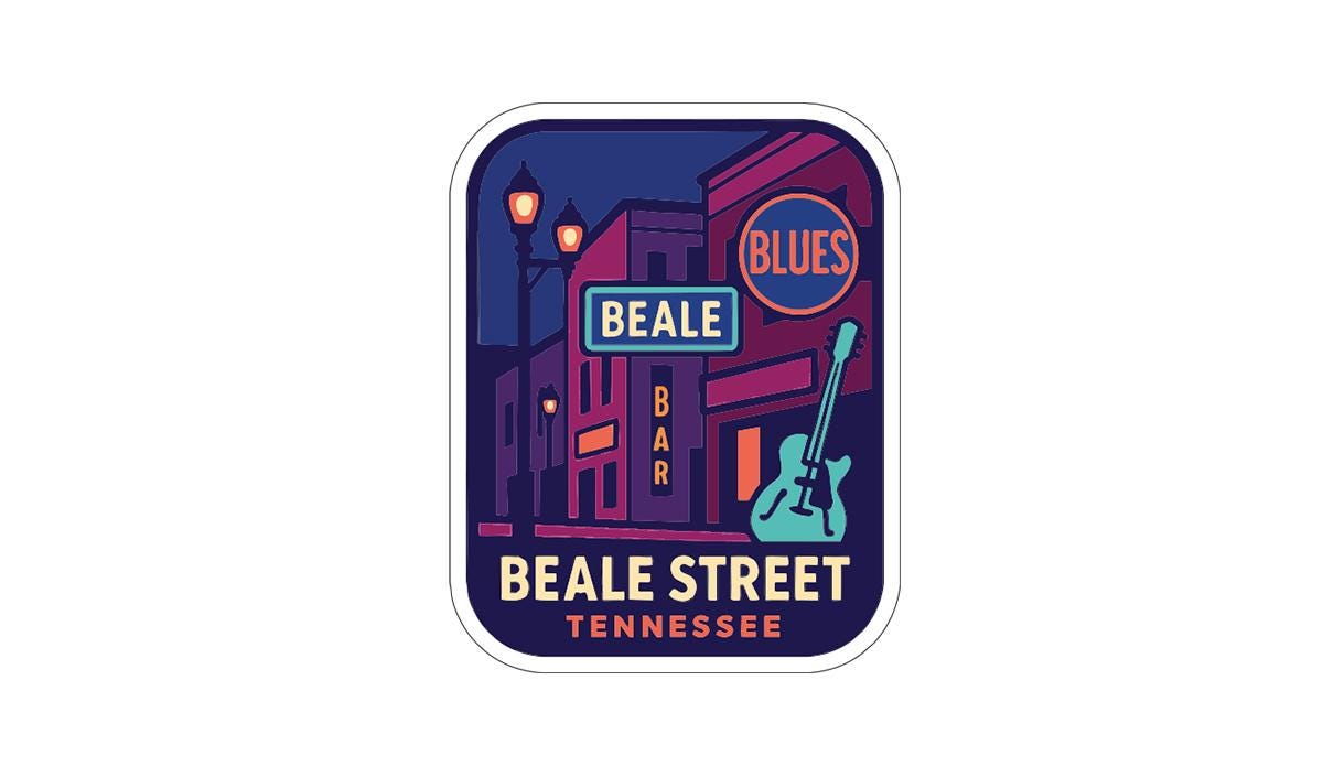 a colorful illustration of a street scene with a neon sign for the Beale Street Bar in Tennessee.