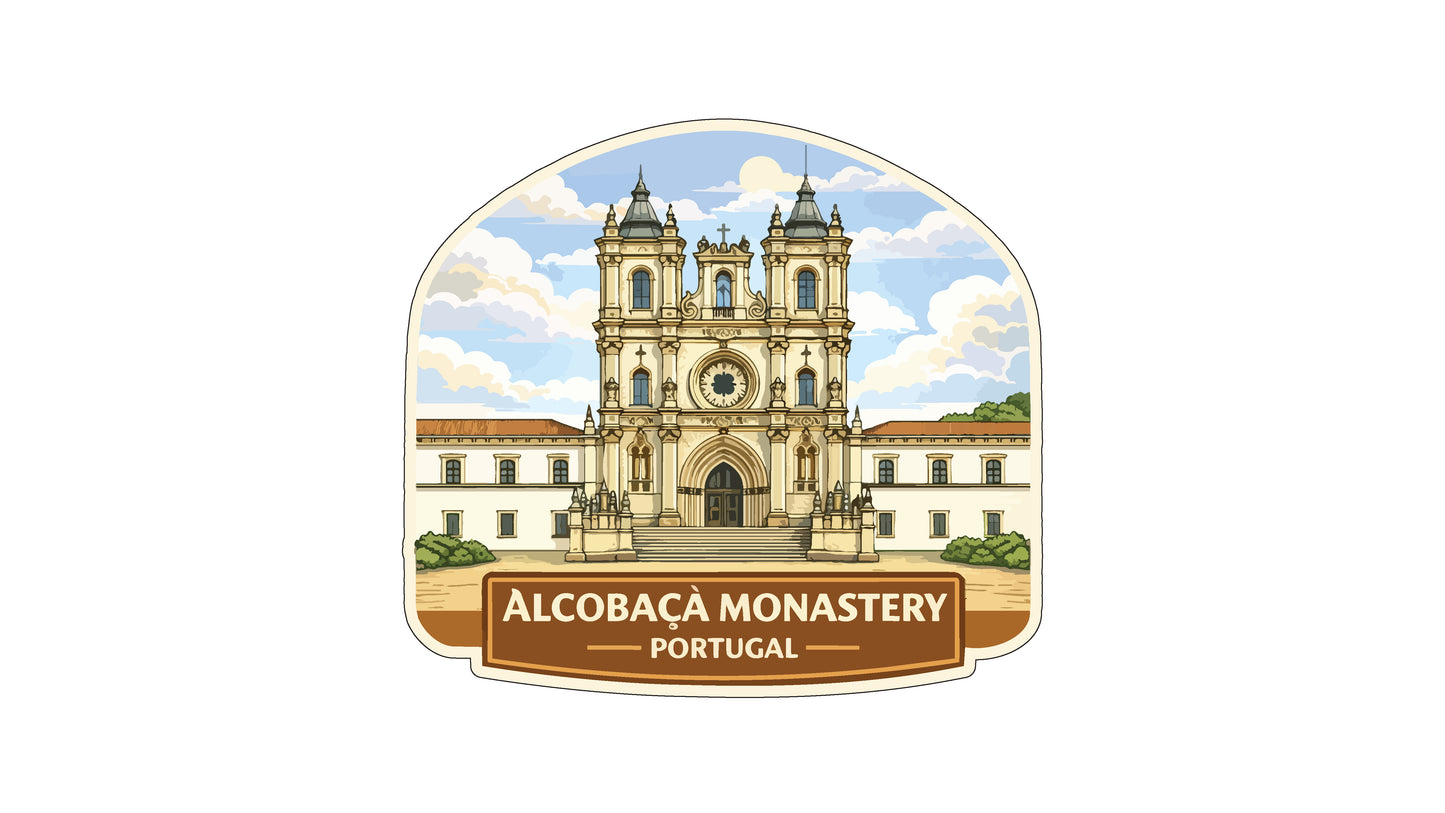 the Alcobaca Monastery in Portugal, a large and ornate church with two towers and a clock.