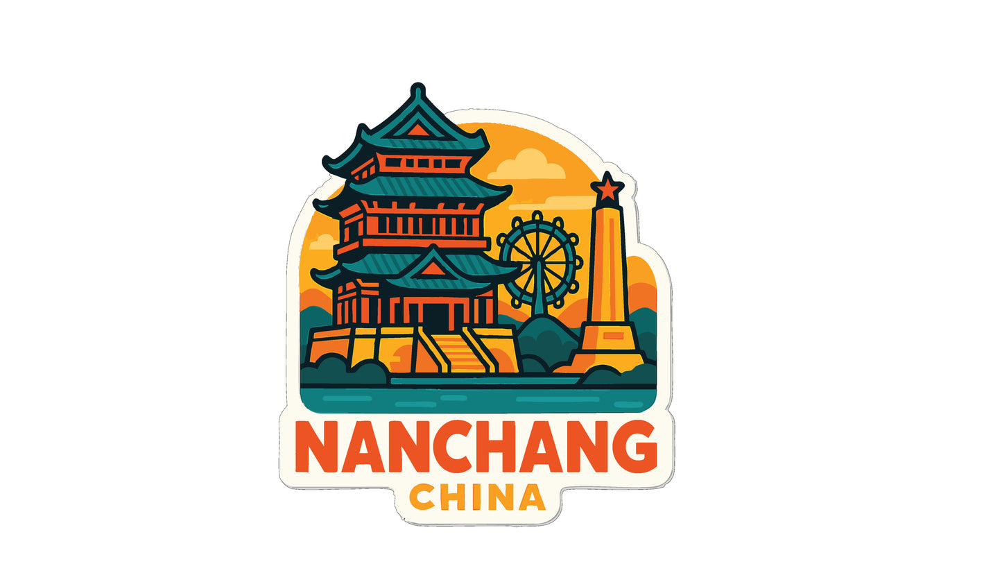 A sticker depicting a traditional Chinese temple with a ferris wheel in the background, representing Nanchang, China.
