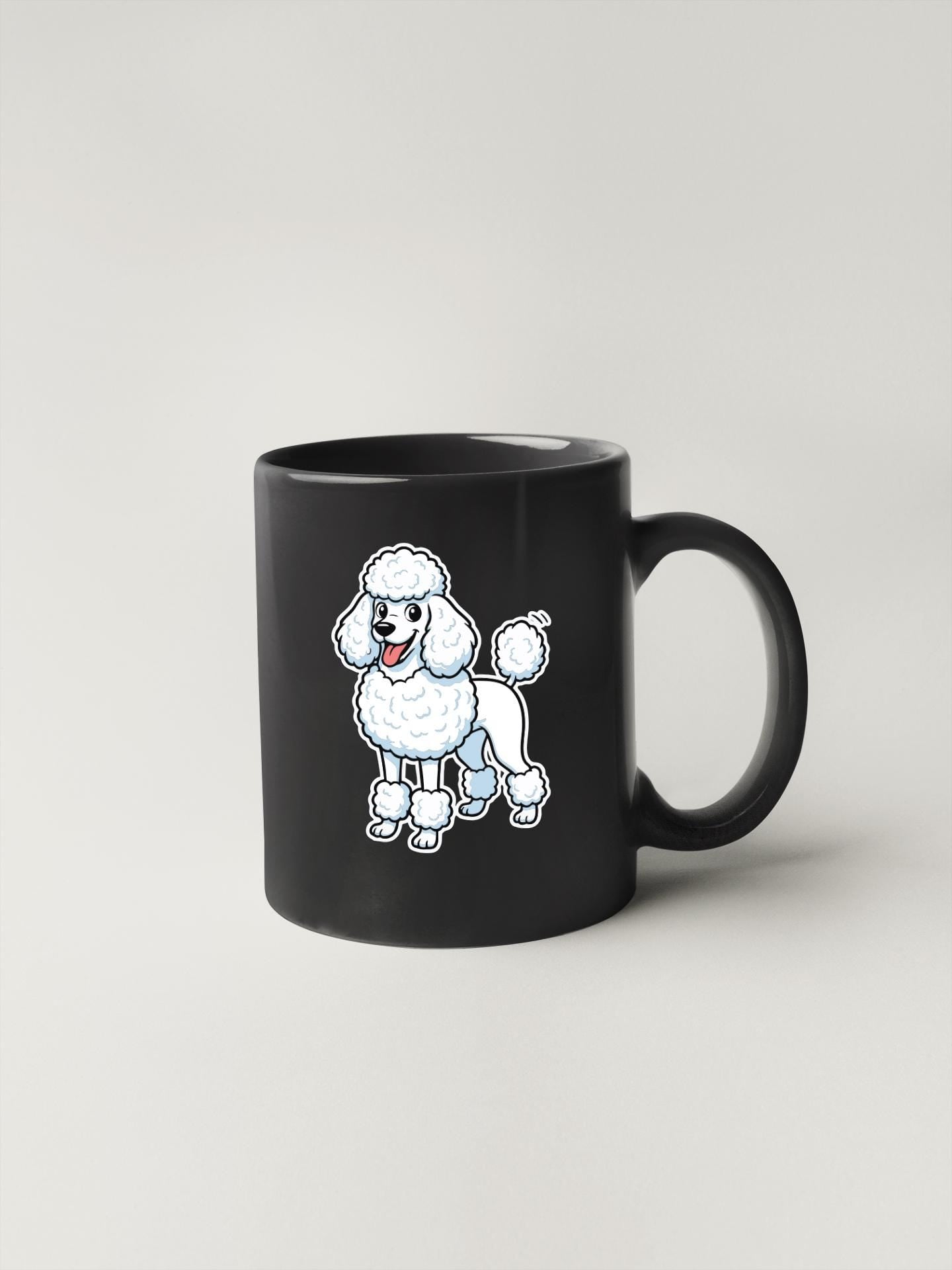 A black mug with a cartoon illustration of a poodle on it.
