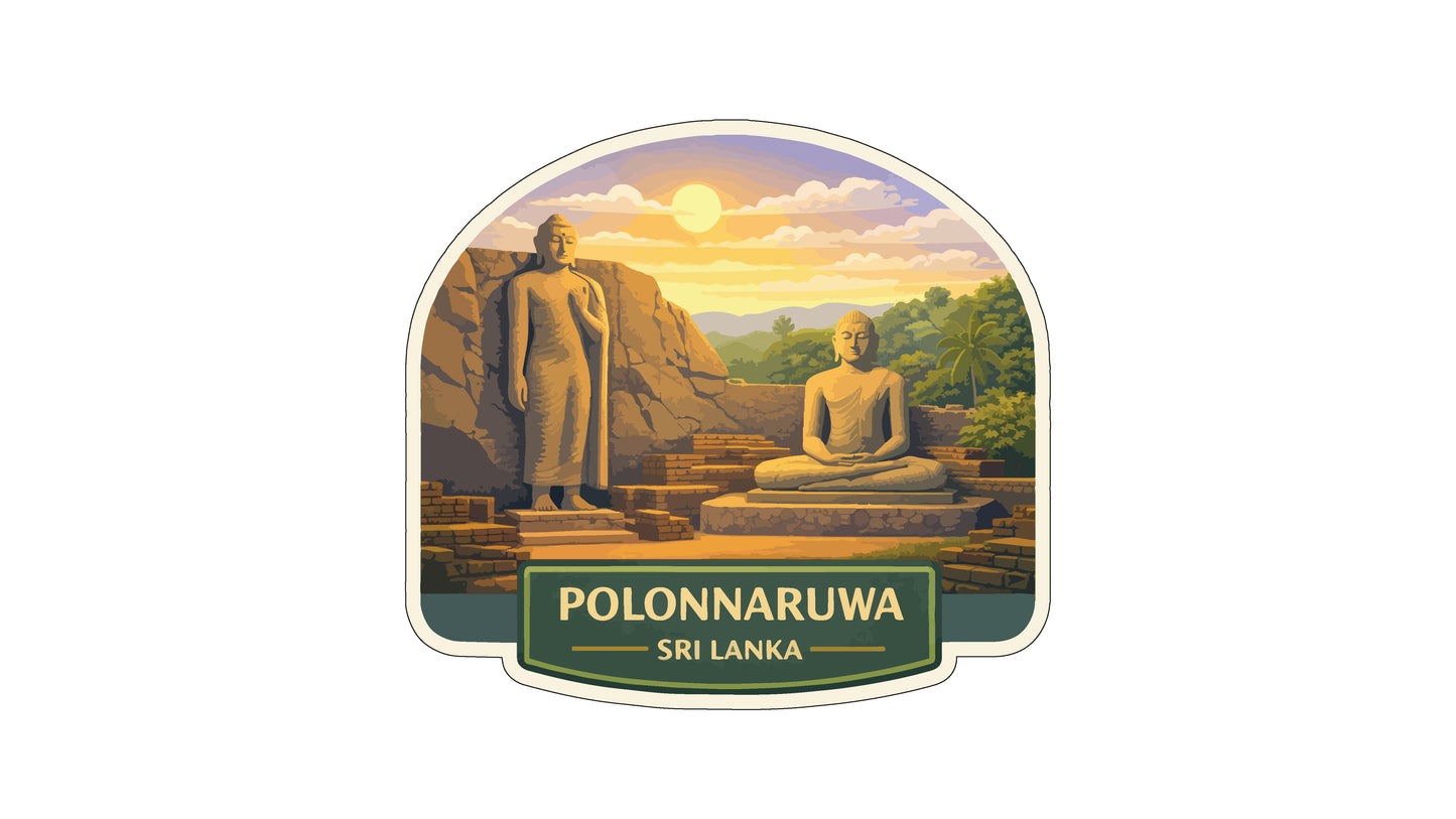 two statues of Buddha, one standing and one sitting, set against a scenic landscape with a sunset and mountains in the background. The text "POLONNARUWA SRI LANKA" is displayed below the image.