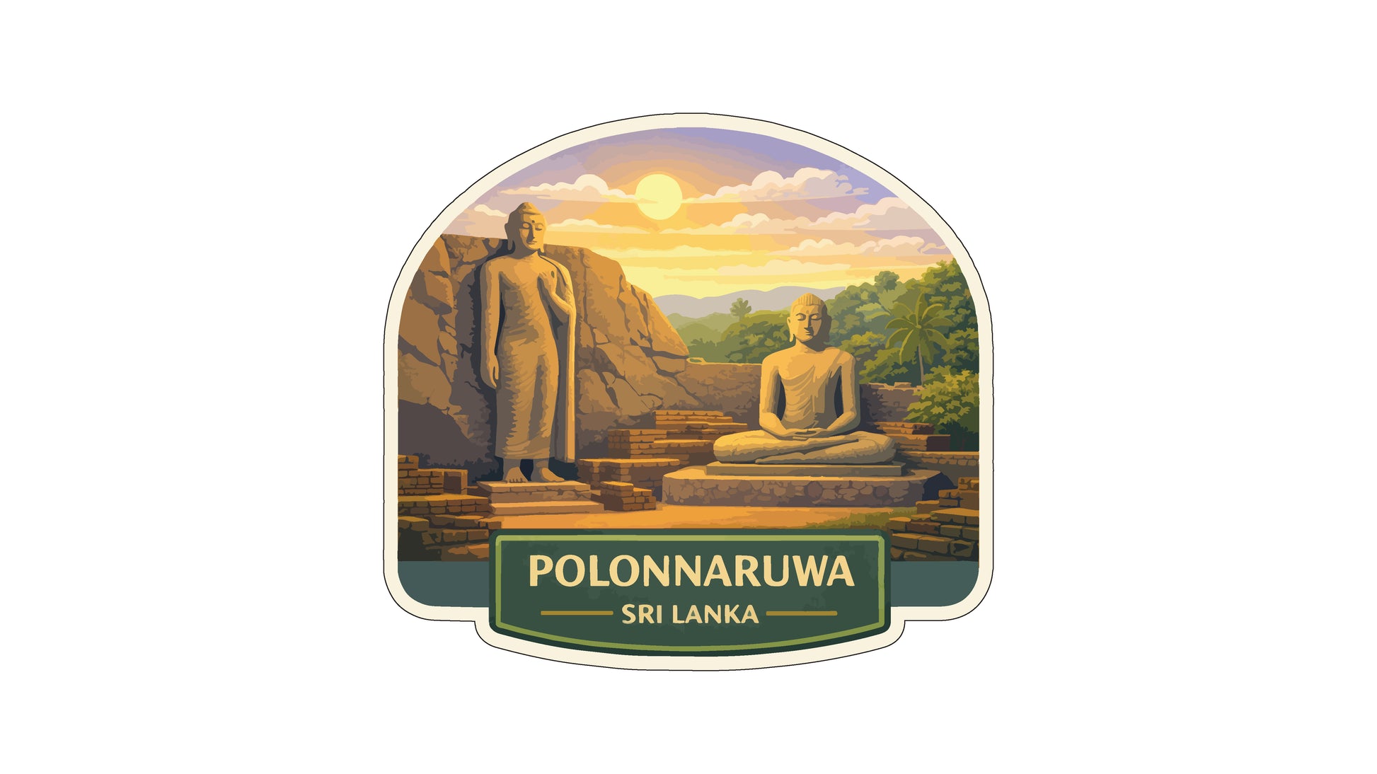 two statues of Buddha, one standing and one sitting, set against a scenic landscape with a sunset and mountains in the background. The text "POLONNARUWA SRI LANKA" is displayed below the image.