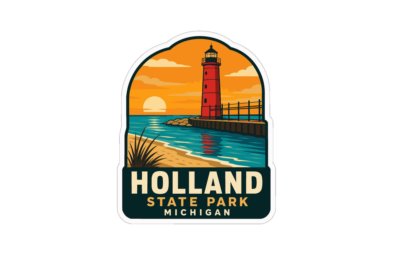 A sticker depicting a lighthouse on a beach with a sunset in the background, representing Holland State Park in Michigan.
