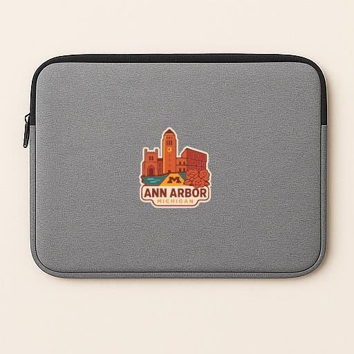 a gray laptop sleeve with a logo of Ann Arbor, Michigan.
