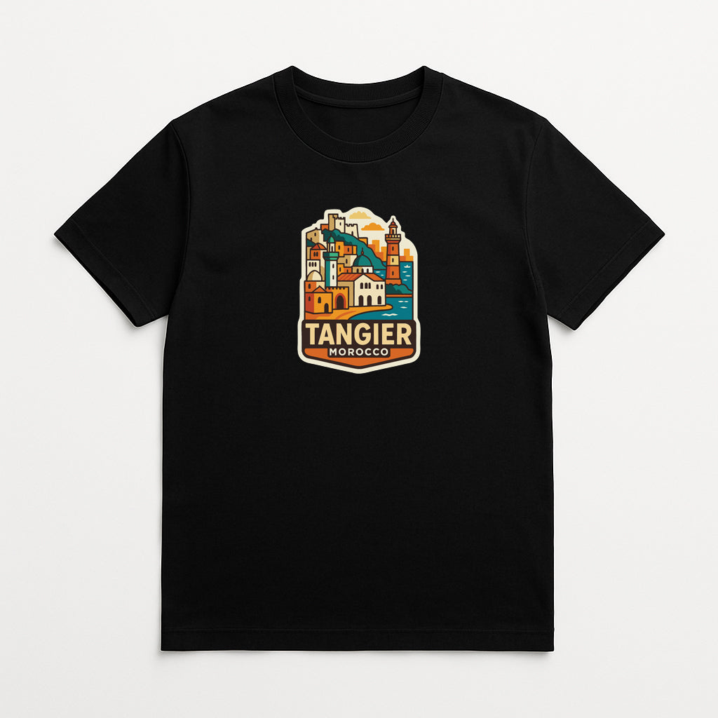 A black t-shirt with a colorful graphic design depicting a cityscape and the text "TANGIER MOROCCO" printed on it.