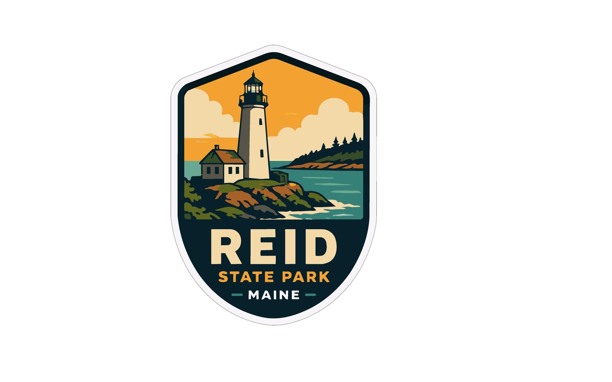 A shield-shaped logo featuring a lighthouse and a coastal landscape, with the text "REID STATE PARK - MAINE" prominently displayed.