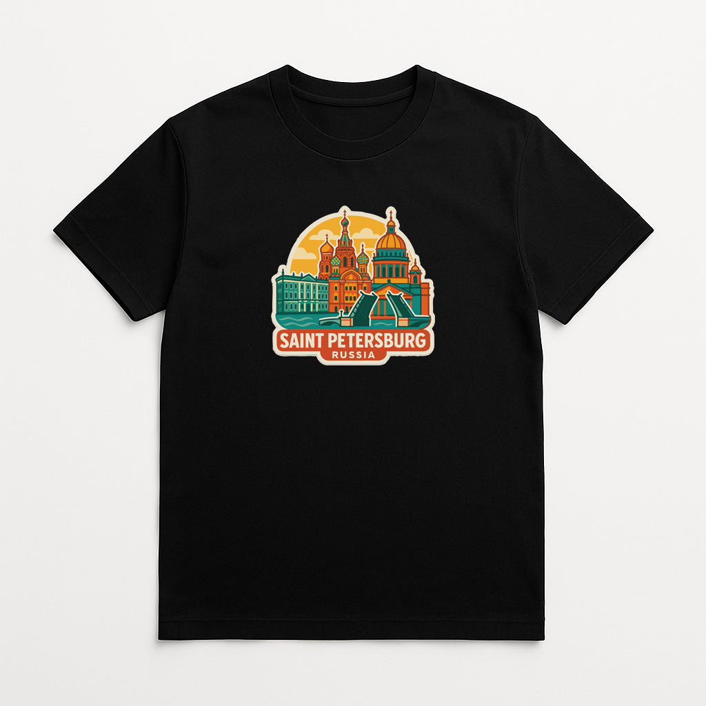 A black t-shirt with a colorful graphic design depicting the Saint Petersburg Cathedral and surrounding buildings.
