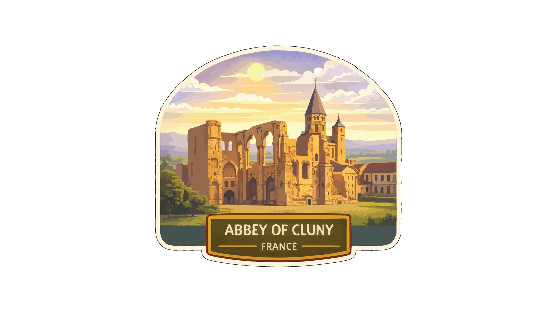 a large, ornate castle with towers and spires, set against a picturesque landscape with mountains and a sunset sky.
