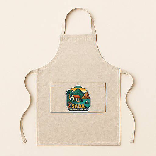 A beige apricot with a graphic design on the front pocket, featuring a tropical landscape with a house, palm trees, and mountains.
