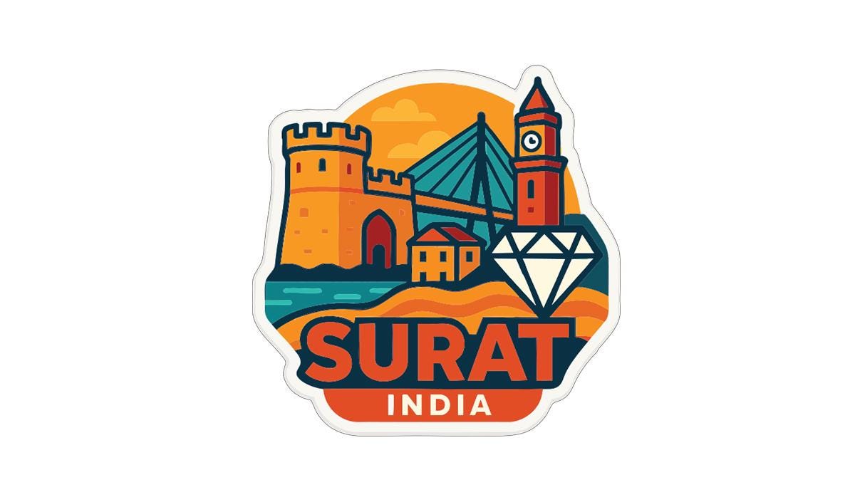 a sticker or logo with a castle, a bridge, and a diamond, along with the text "SURAT INDIA" prominently displayed.