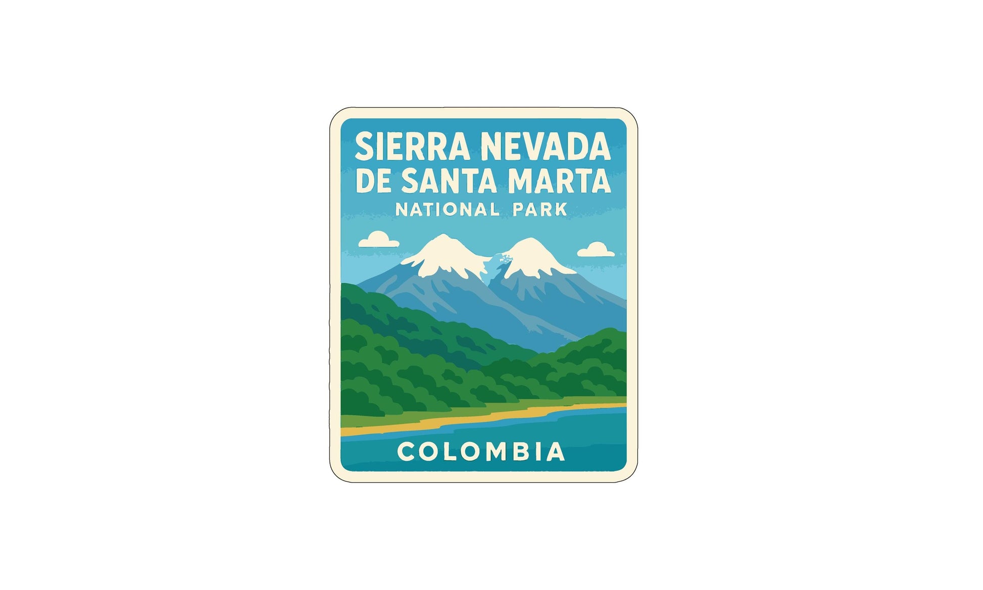 a sticker or label with the text "Sierra Nevada de Santa Marta National Park Colombia" and a mountain landscape with snow-capped peaks, a river, and lush green vegetation.