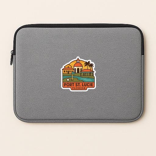 A gray laptop sleeve with a graphic design depicting a tropical beach scene with palm trees, a building, and a body of water.