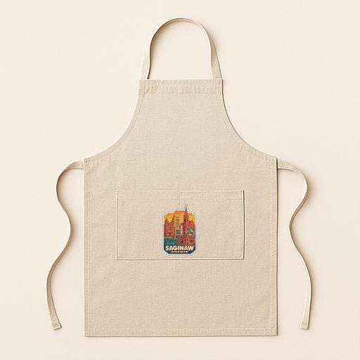 A beige apricot with a small pocket on the front, featuring a colorful graphic of a city skyline.