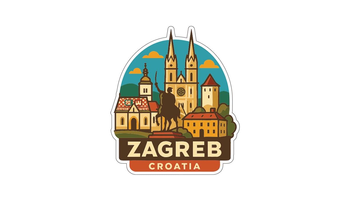 A sticker or emblem featuring the cityscape of Zagreb, Croatia, with a statue in the foreground and various buildings and landmarks in the background.