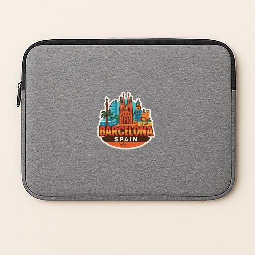 A gray laptop sleeve with a colorful sticker of the Barcelona skyline on it.