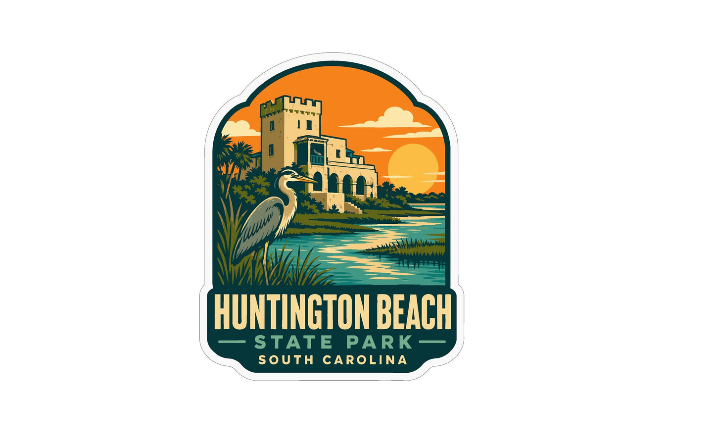 A sticker depicting a scenic view of Huntington Beach State Park in South Carolina, with a castle-like structure in the background and a heron standing in the foreground.