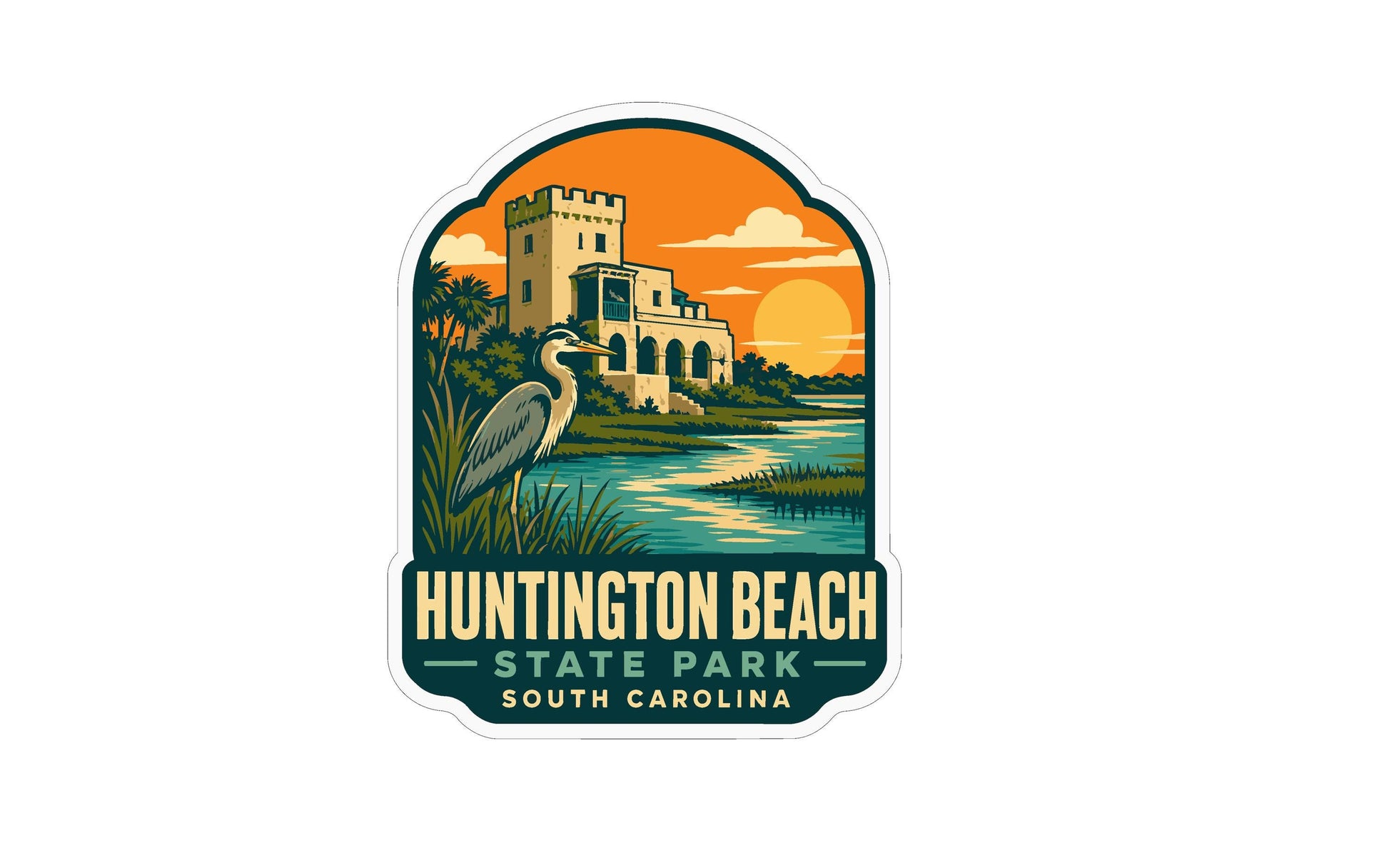 A sticker depicting a scenic view of Huntington Beach State Park in South Carolina, with a castle-like structure in the background and a heron standing in the foreground.