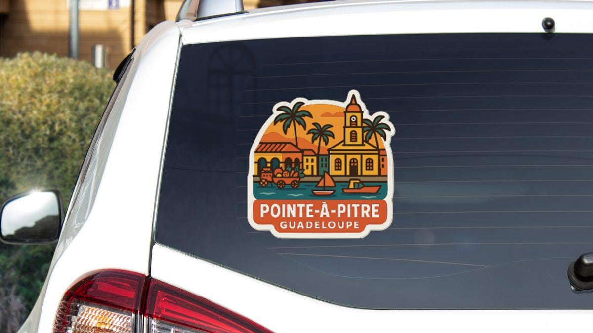 a sticker on the rear window of a car, depicting a tropical scene with palm trees, a church, and boats.
