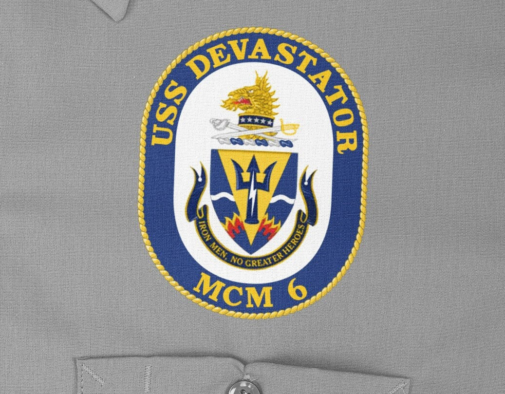 USS Devastator MCM-6 Badge Iron On Heat Transfer Vinyl HTV Avenger Class Mine countermeasures ship