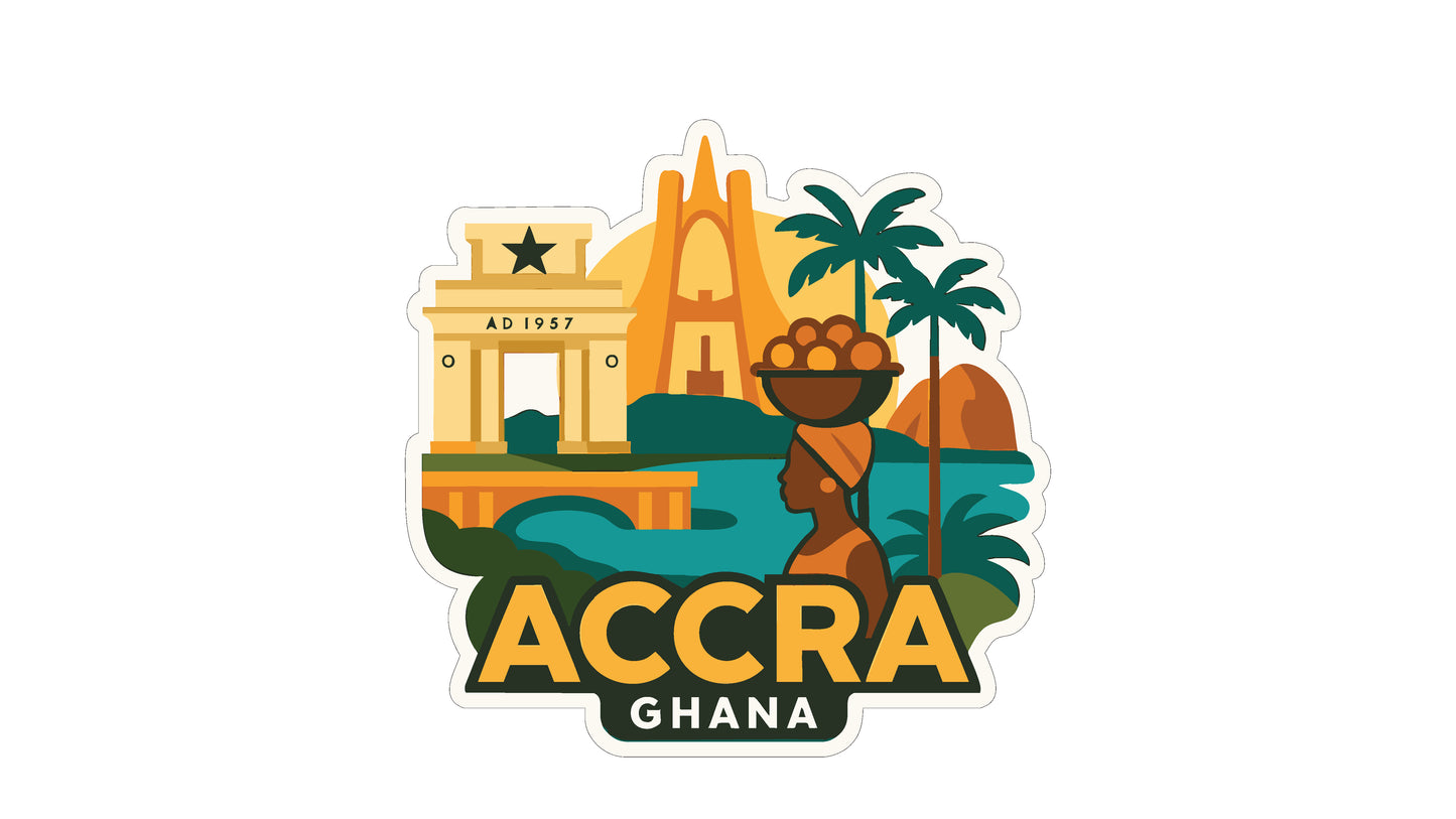 a stylized illustration of Accra, Ghana, with various landmarks and elements representing the city.