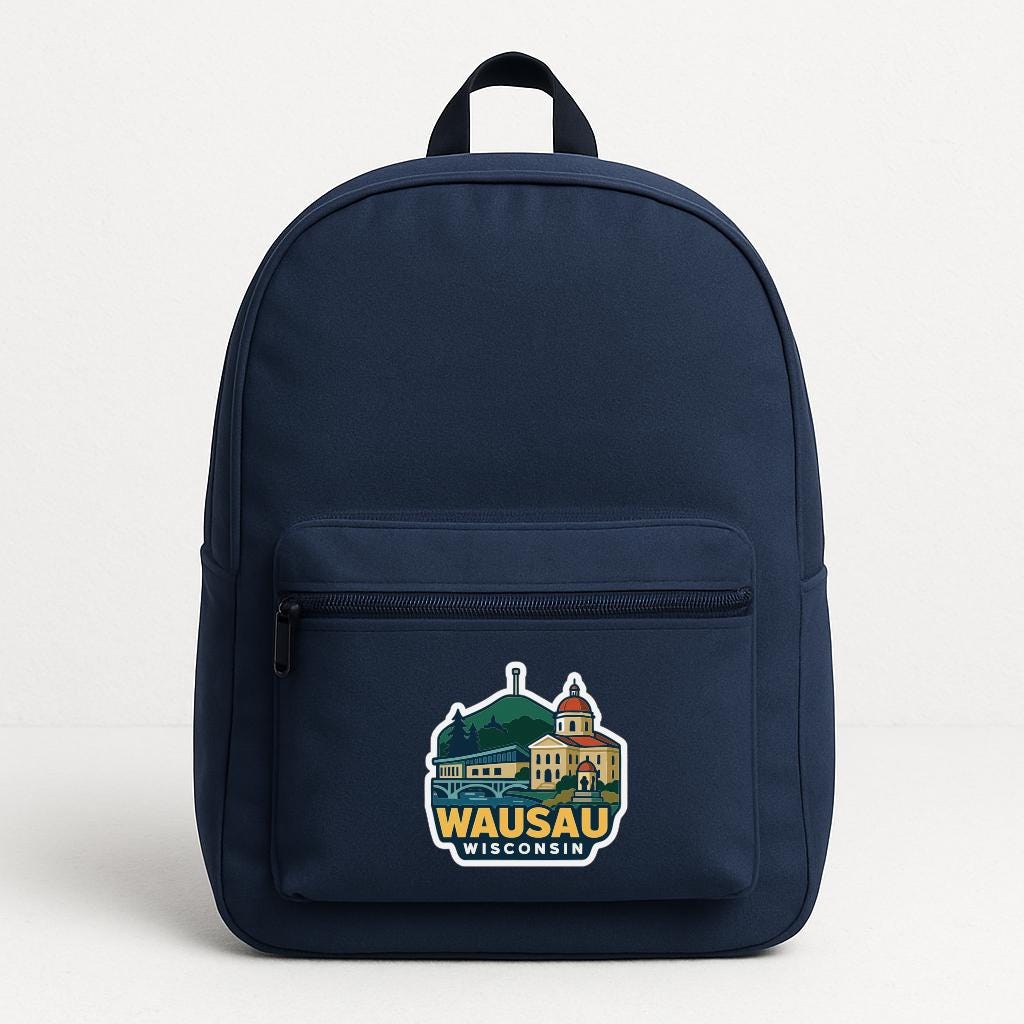 A navy blue backpack with a graphic of a building and the text "Wausau Wisconsin" printed on it.