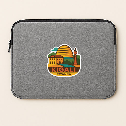 A gray laptop sleeve with a sticker depicting the capital city of Rwanda.
