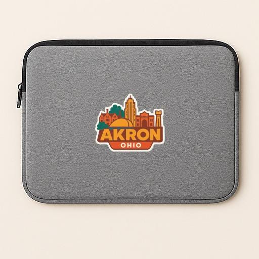A gray laptop sleeve with a sticker of the Akron, Ohio skyline printed on it.