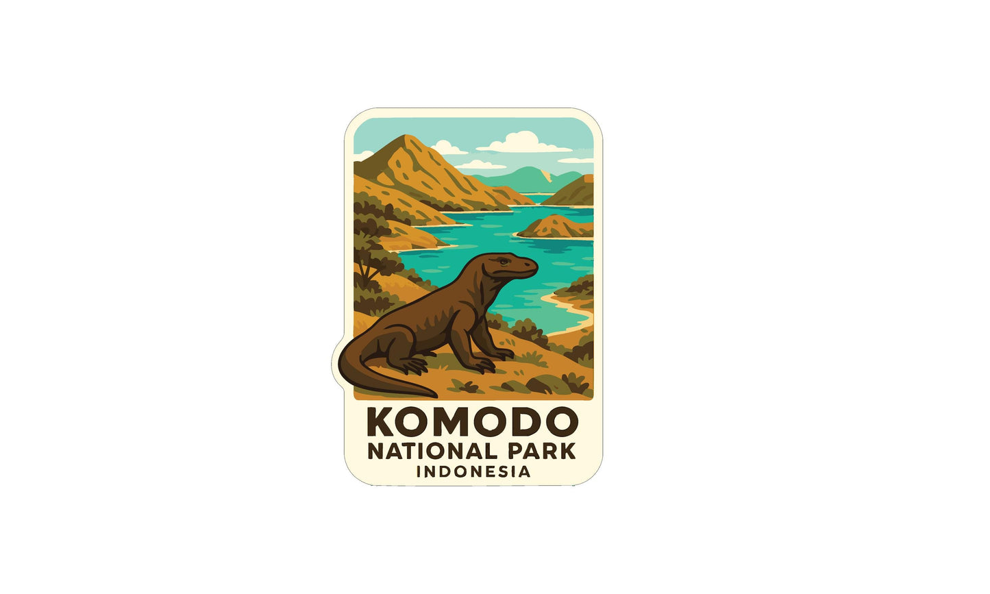 a sticker or label with a cartoon illustration of a Komodo dragon, which is a type of lizard, set against a scenic landscape with mountains, water, and a sky background.