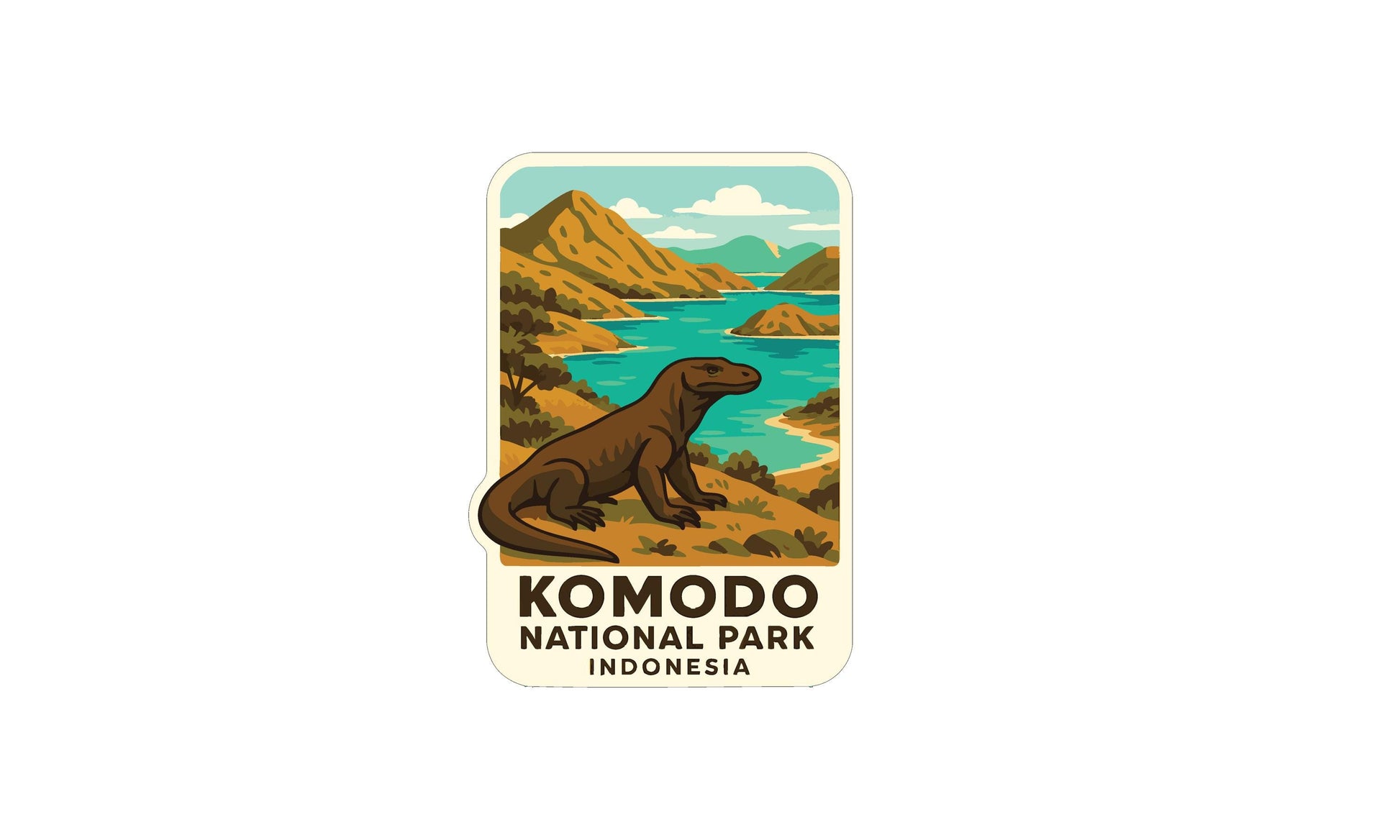 a sticker or label with a cartoon illustration of a Komodo dragon, which is a type of lizard, set against a scenic landscape with mountains, water, and a sky background.