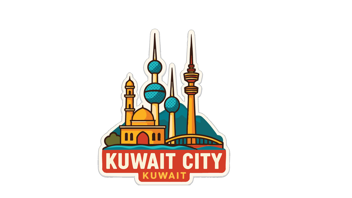 a sticker or emblem depicting the skyline of Kuwait City, Kuwait.