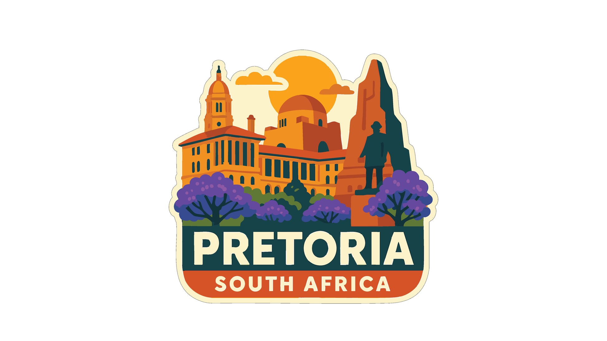 a stylized illustration of Pretoria, South Africa, with a prominent sun and clouds in the background.