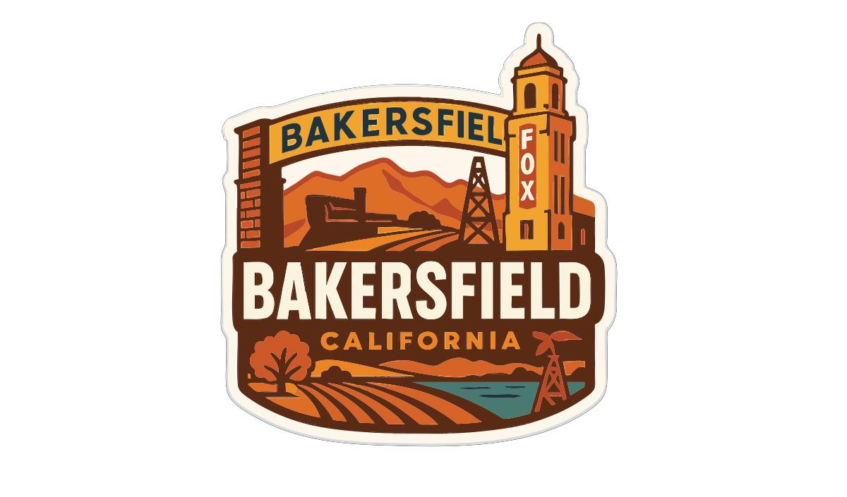a sticker or emblem with the text "Bakersfield, CA" and a stylized illustration of a cityscape, including a tower, a bell tower, and a field.
