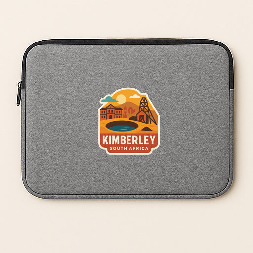 A gray laptop sleeve with a logo for Kimberley, South Africa.