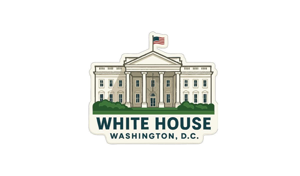 A sticker depicting the White House in Washington, D.C.