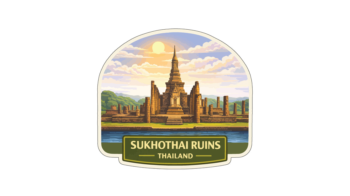 the Sukhothai ruins in Thailand, featuring a temple surrounded by lush greenery and a serene river.
