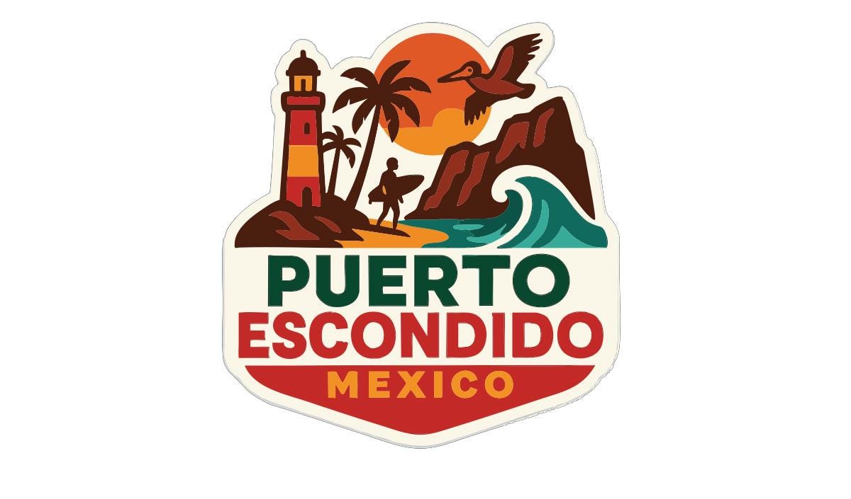a colorful sticker or emblem with various elements representing Puerto Escondido, Mexico.