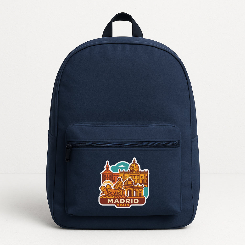 A navy blue backpack with a graphic of the city of Madrid on the front pocket.