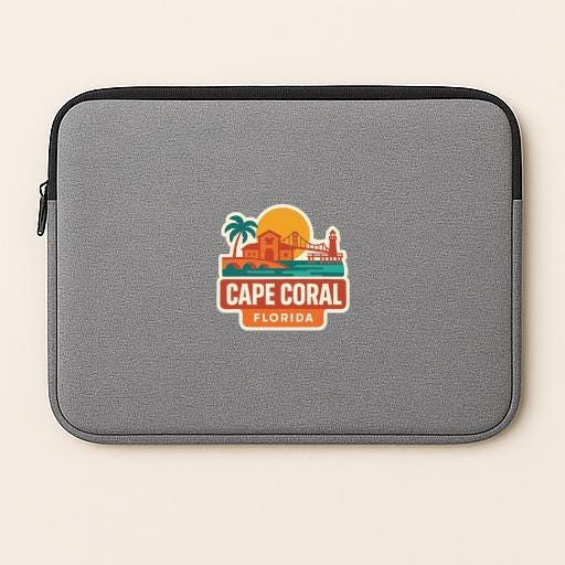 a gray laptop sleeve with a logo for Cape Coral, Florida.